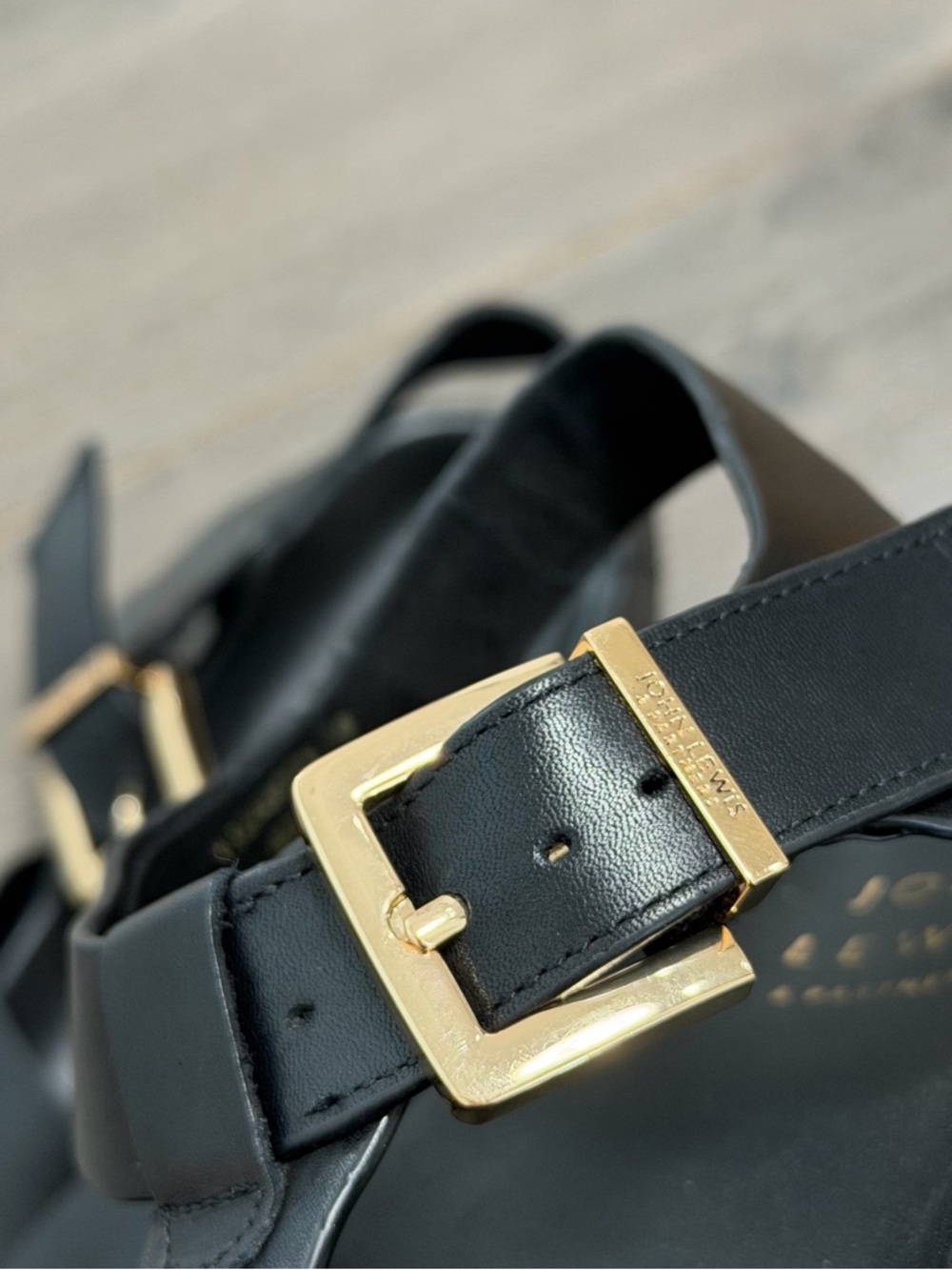 John Lewis Black Leather Fisherman Sandals with Gold Buckle - Picture 5 of 10